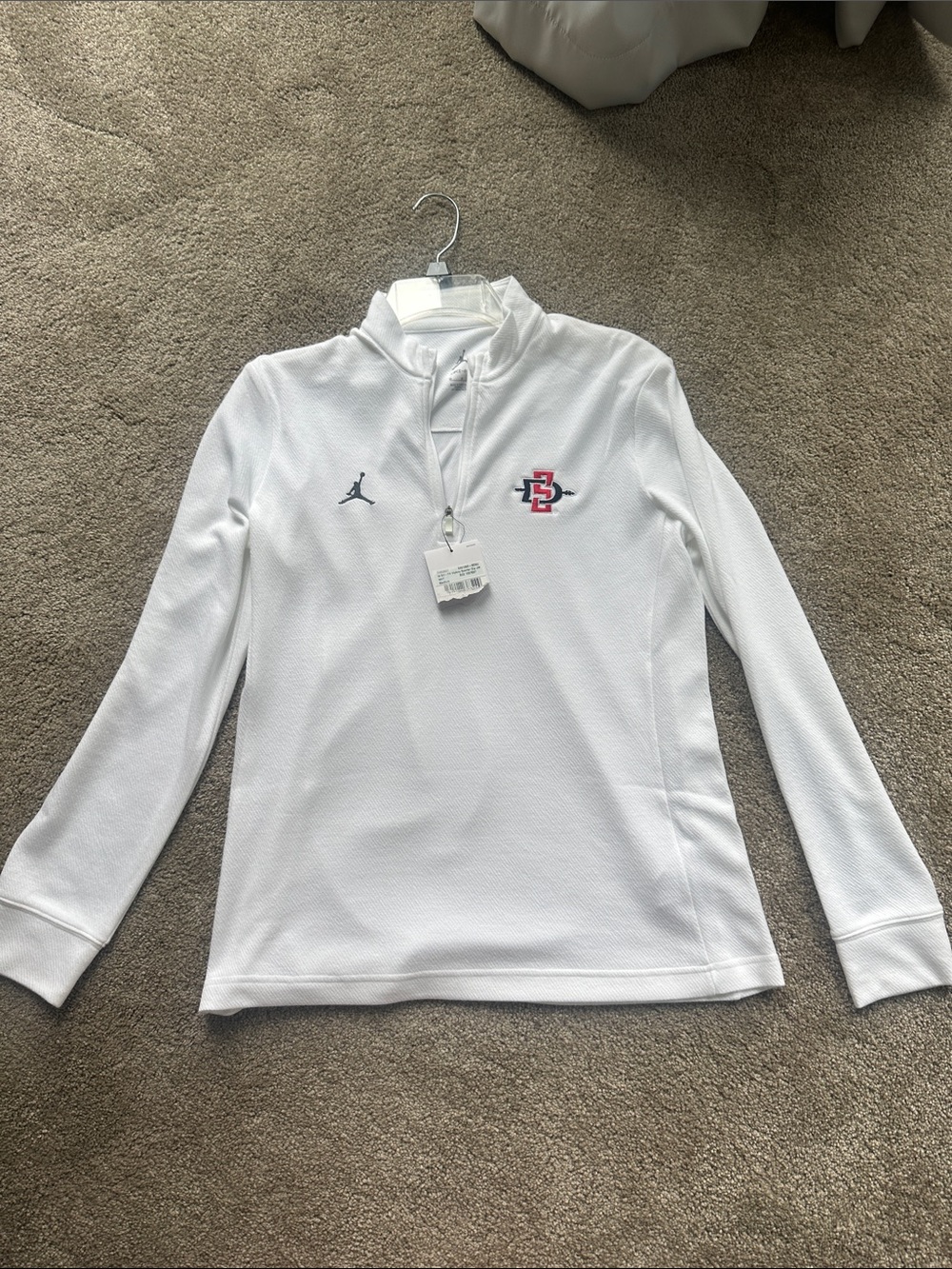 Jordan White Long-Sleeve Quarter-Zip Pullover with Red & Black SDSU Logo